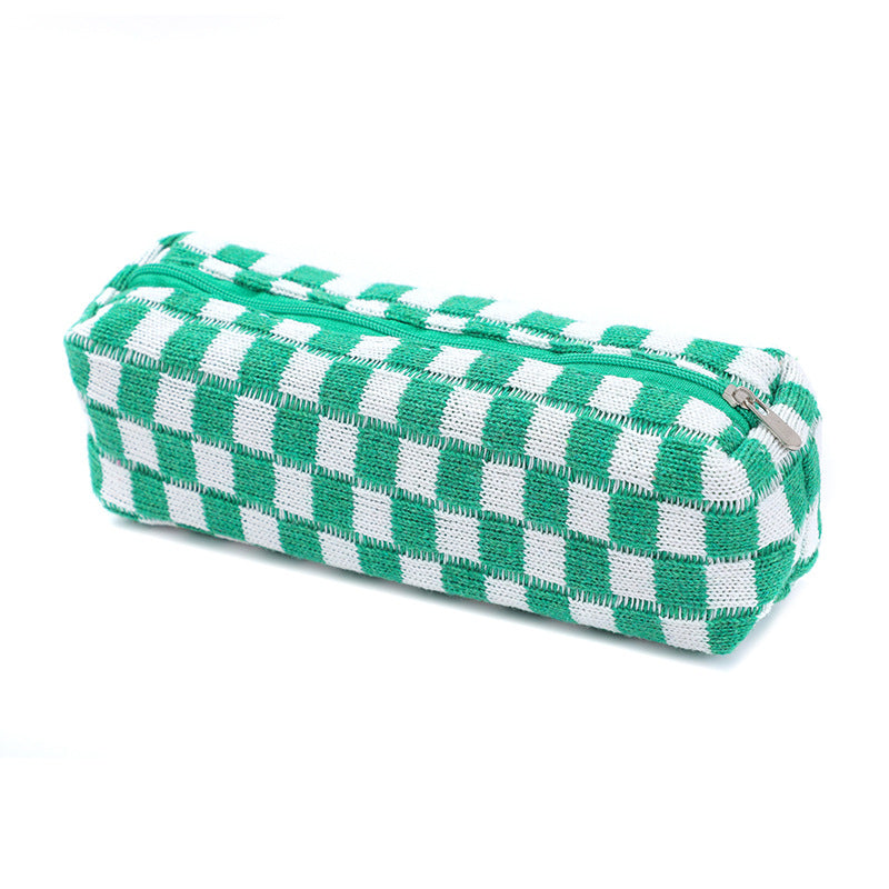 Plush Knitted Wool Checkerboard Pencil Case