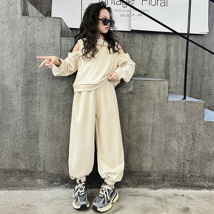 Wholesale Cotton Mid Size Children's Open Shoulder Hoodie Casual Harlan Pants Two-piece Set Trendy