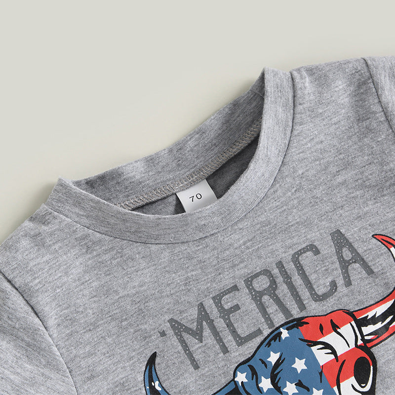 Cotton Independence Day Bull Head T-Shirt Tassel Shorts Set