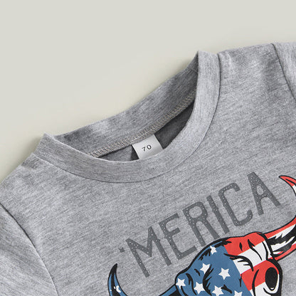 Cotton Independence Day Bull Head T-Shirt Tassel Shorts Set