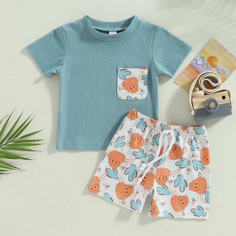 Cotton Summer New Aztec Western Cowboy T-Shirt Shorts Set