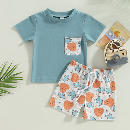 Cotton Summer New Aztec Western Cowboy T-Shirt Shorts Set