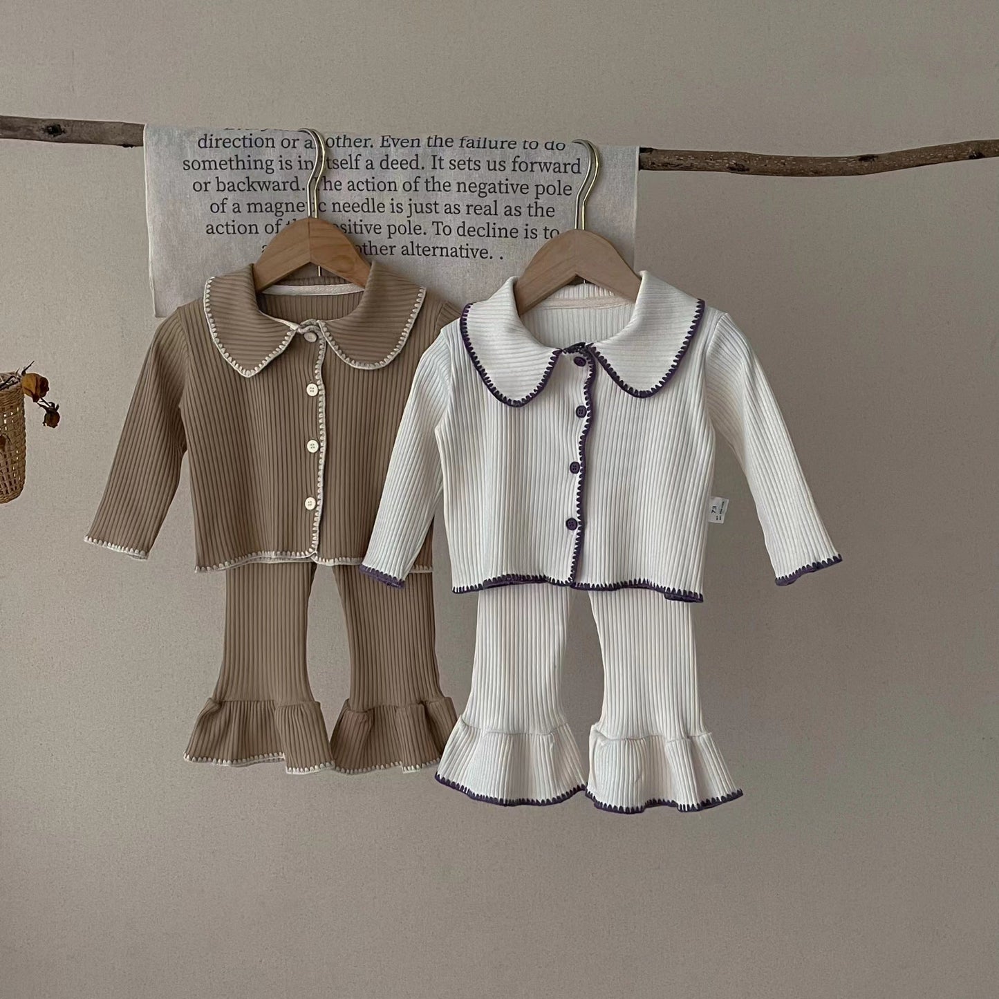 Wholesale Cotton Kids Knitted Separate Suit Contrast Color Cardigan Flare Pants