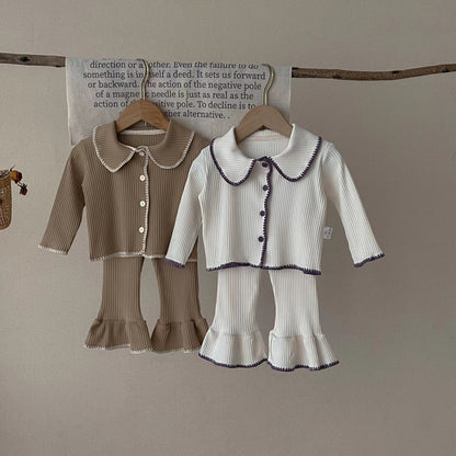 Wholesale Cotton Kids Knitted Separate Suit Contrast Color Cardigan Flare Pants
