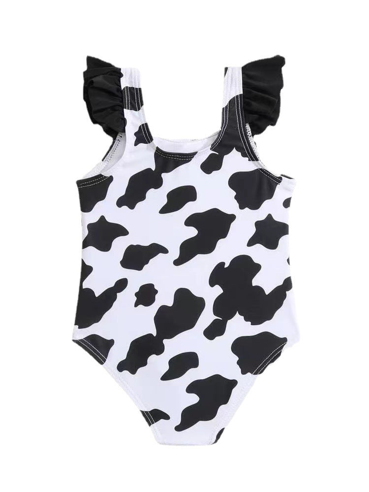 Baby Girls Ruffles Dairy Cow Black and White Bow Swimwear