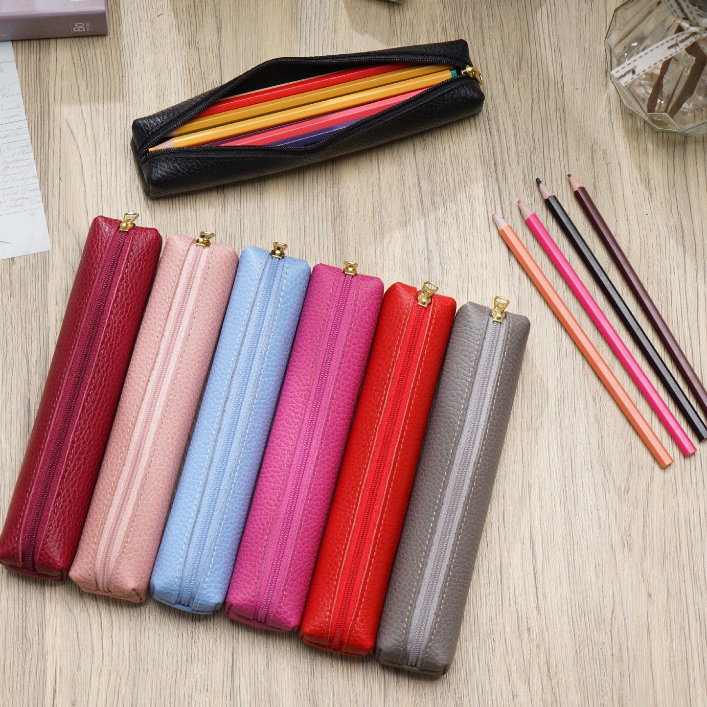 Mini Cowhide Candy Color Pencil Case
