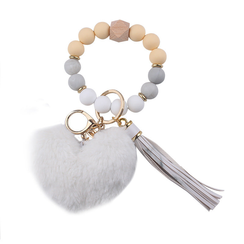 Heart Shape Fur Ball Tassel Silicone Beaded Wrist
