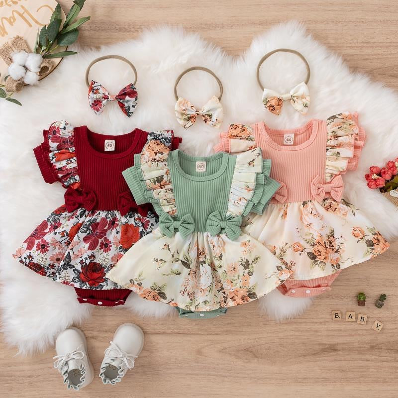 Cotton Jumpsuit with Floral Buns and Baby Crawling Clothes