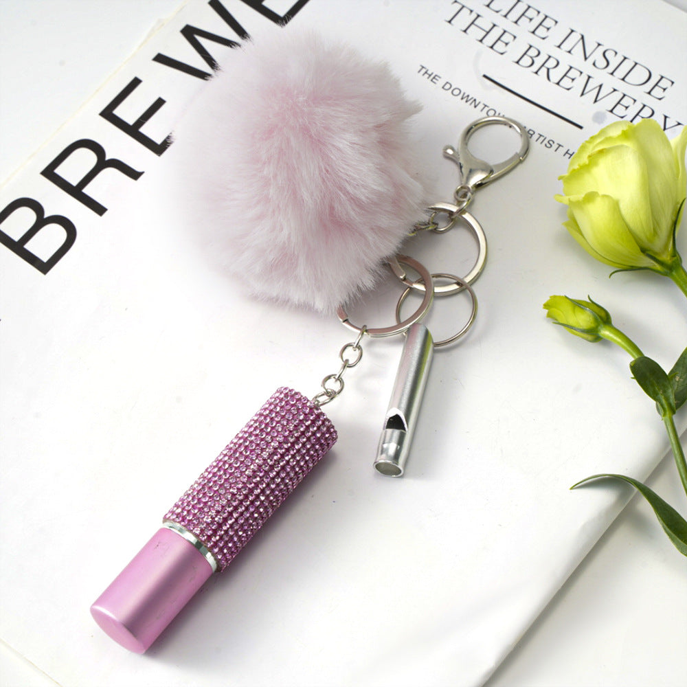 Fur Ball Rhinestone Perfume Bottle Whistle Combination Keychain