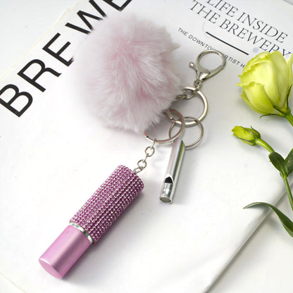 Fur Ball Rhinestone Perfume Bottle Whistle Combination Keychain