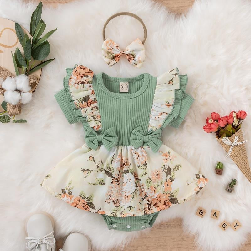 Cotton Jumpsuit with Floral Buns and Baby Crawling Clothes