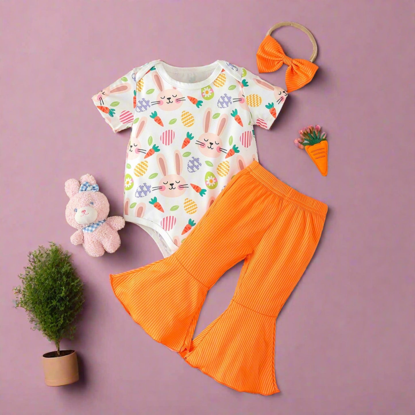 Easter Cotton Bunny Trousers and Hair Tie Three-piece Set
