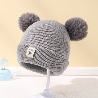 Wholesale acrylic autumn winter solid color woolen kids double ball hat