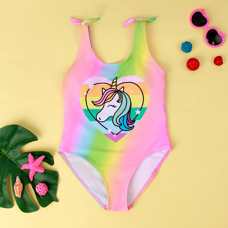 One-Piece Color Gradient Unicorn Big Kids High Elastic Swimwear