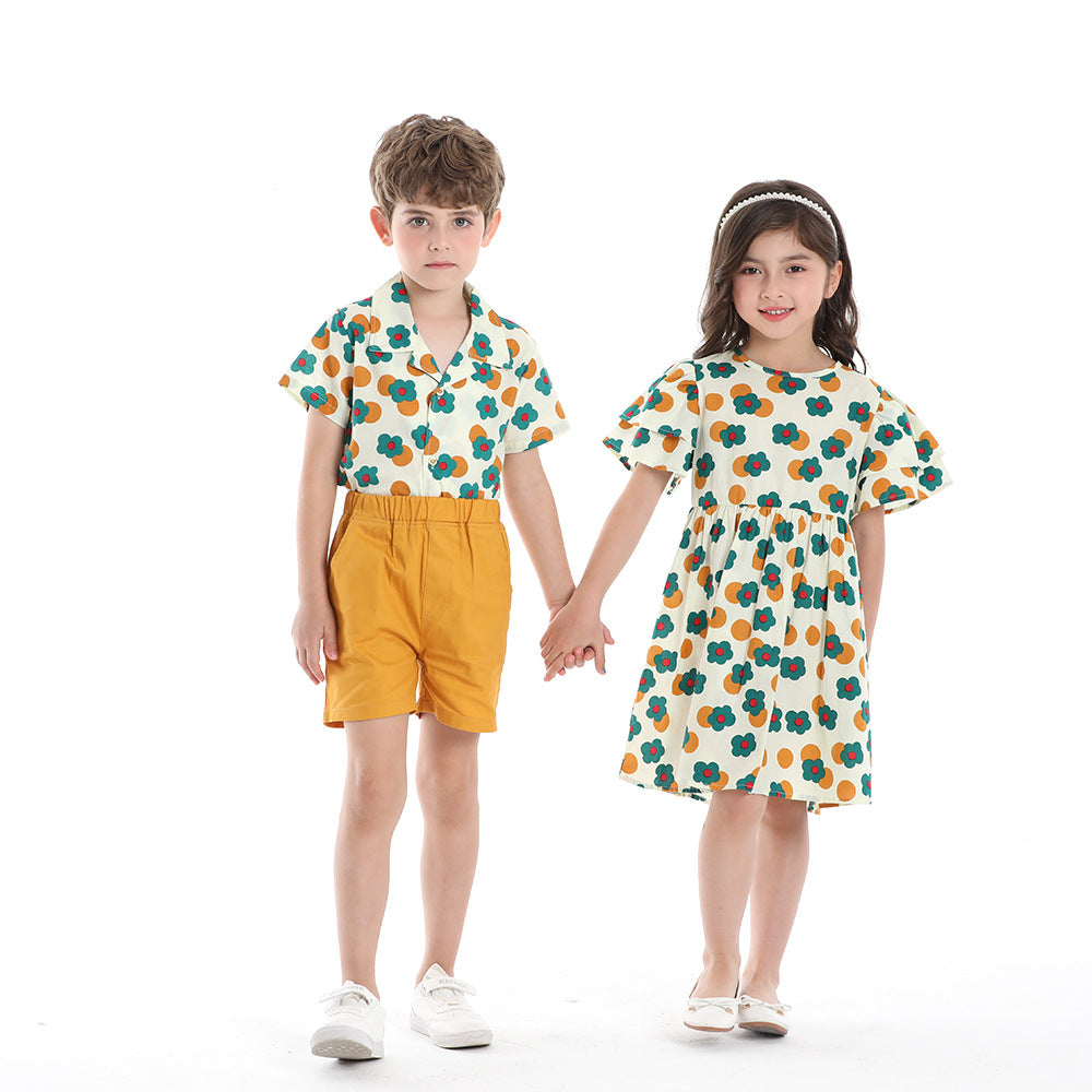 Children's Cotton Shirt Printed Short Sleeved Shorts Set