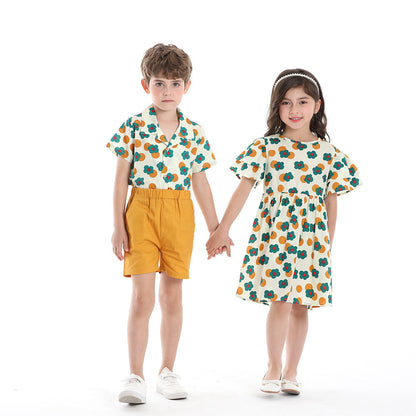 Children's Cotton Shirt Printed Short Sleeved Shorts Set