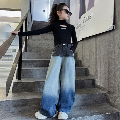 Wholesale Children's Waistband Contrasting Raw Edge Gradient Straight Wide Leg Cotton Jeans