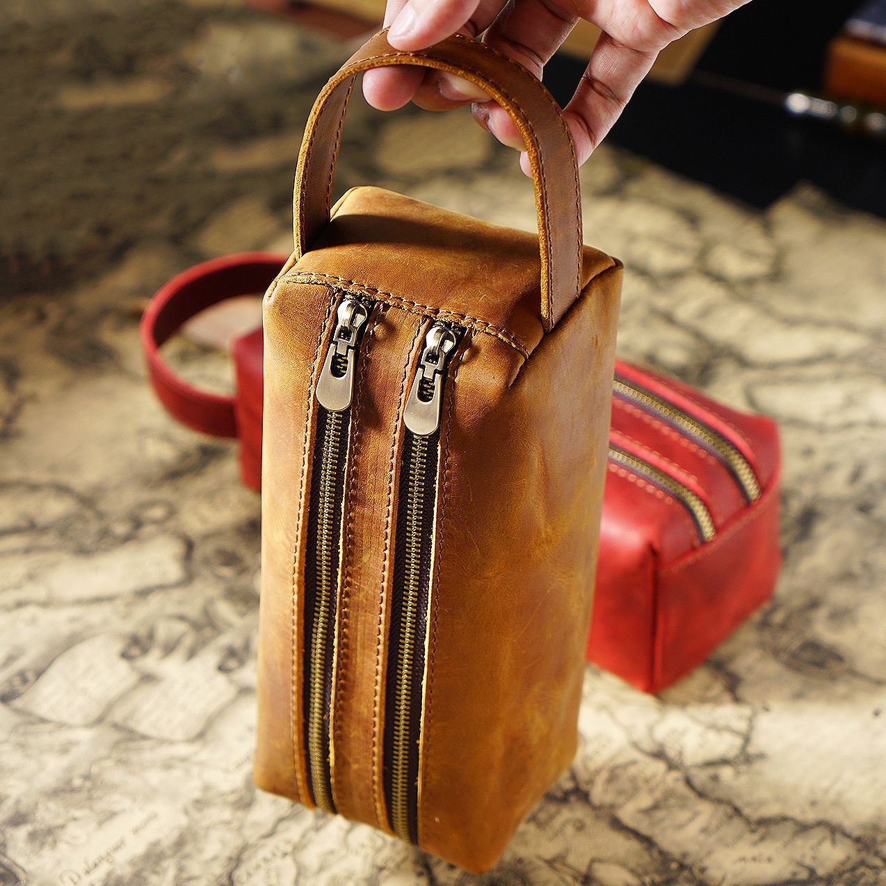 Leather Simple Large -capacity Creative Double -layer Zipper Bag