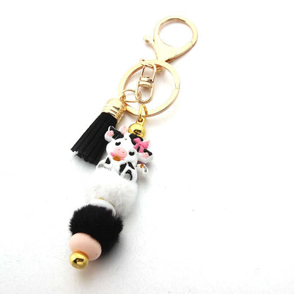 Cartoon Cow Hair Ball Silicone Beaded Keychain