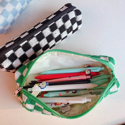 Checkerboard Knitted Large Capacity Wool Pencil Bag