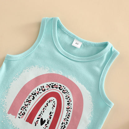 Cotton Rainbow Butterfly Print Tank Top Denim Shorts Girls Set