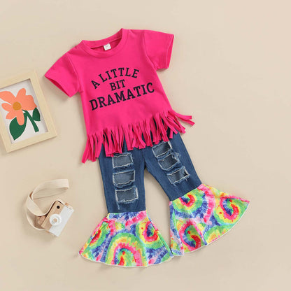 Ripped Patchwork Tie-dye Denim Flared Pants Two-piece Set