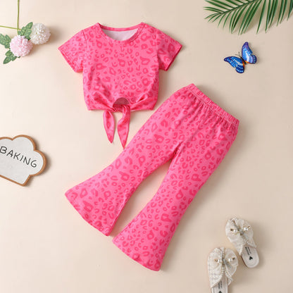Cotton Kids Set Leopard Print Flare Pants Two Piece Set