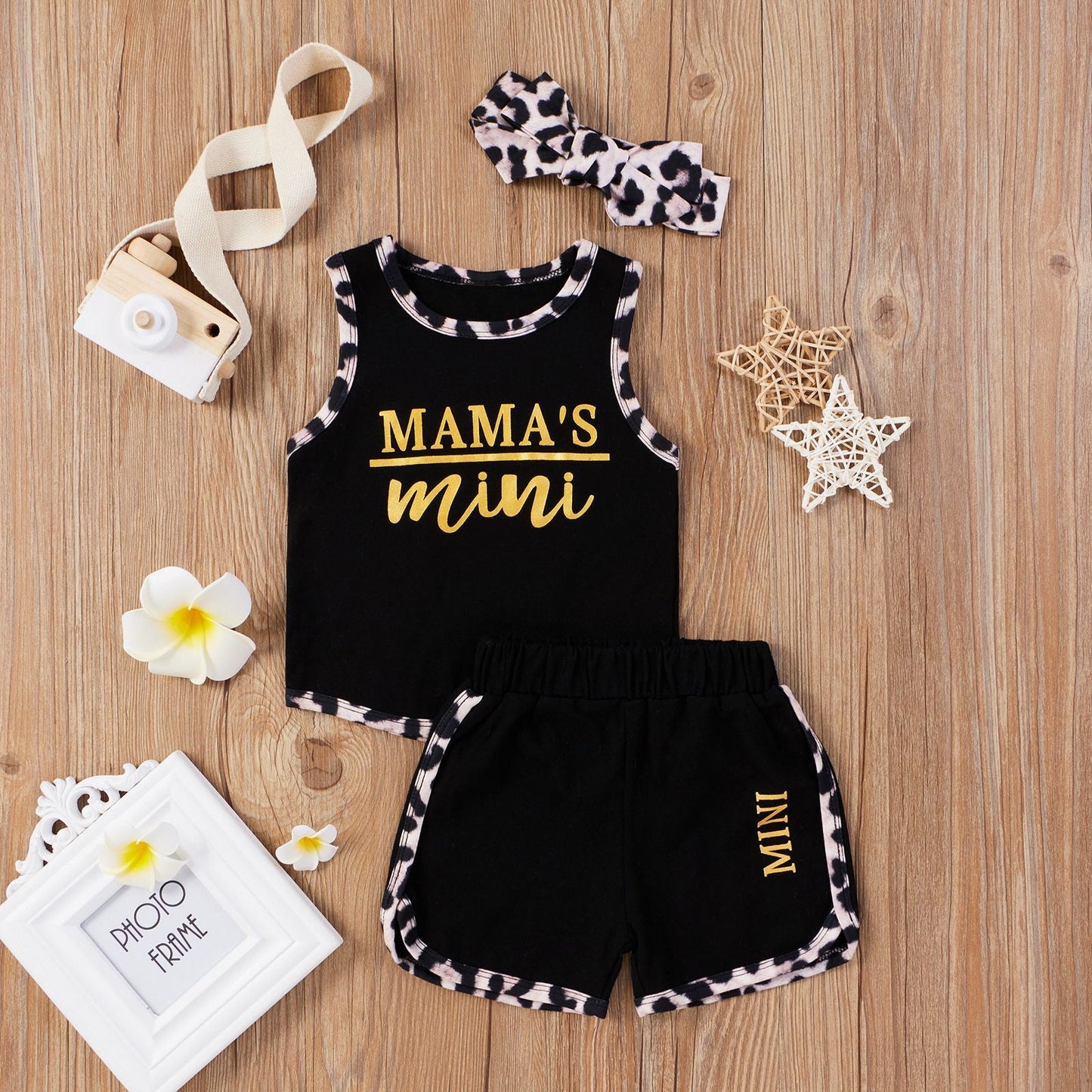 Leopard Cotton Vest Shorts Hair Accessories 3-Piece Set Clothes