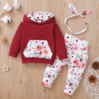 Wholesale Autumn and Winter Cotton Floral Print Hoodie Long Sleeve Hoodie Trousers Three-piece Set