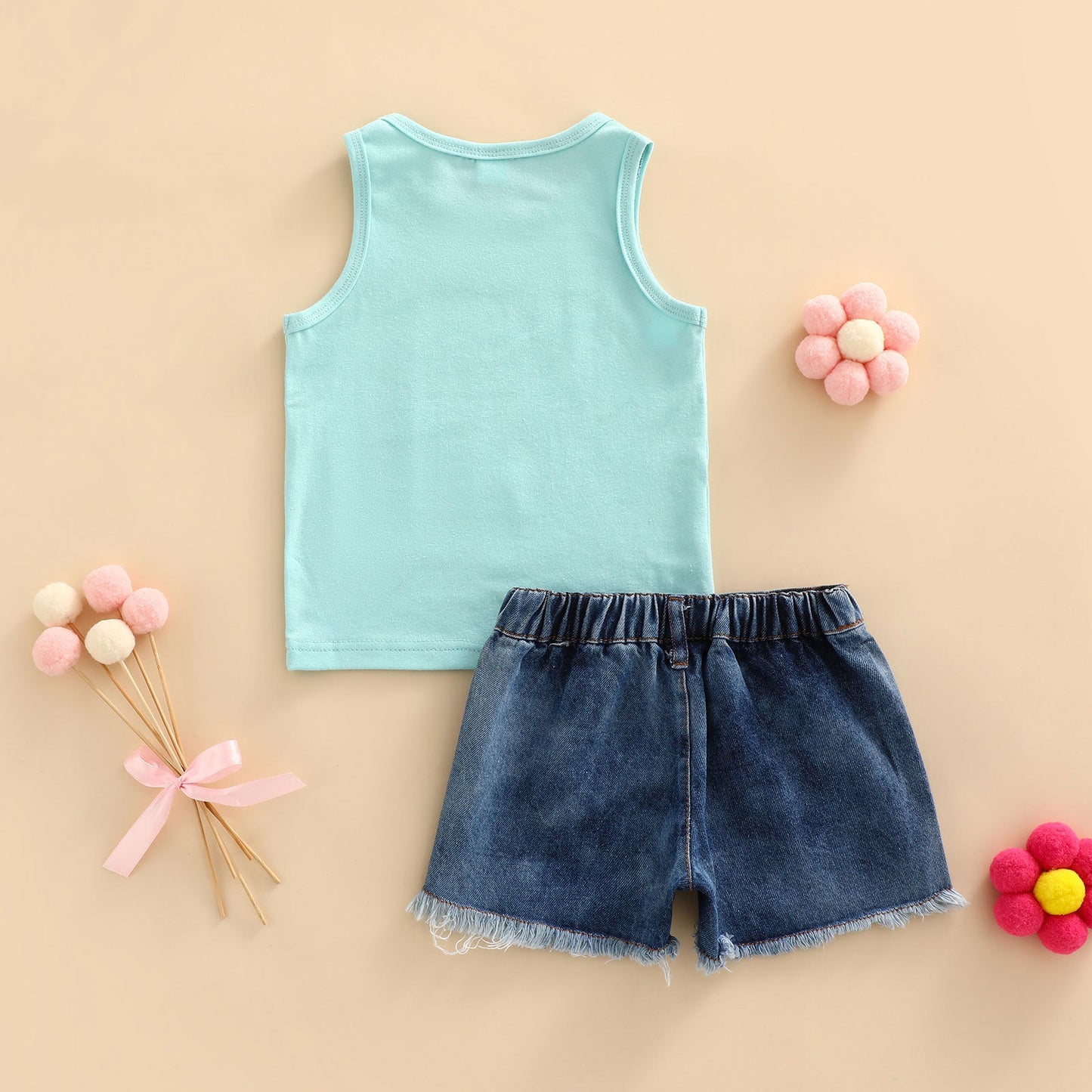 Cotton Rainbow Butterfly Print Tank Top Denim Shorts Girls Set