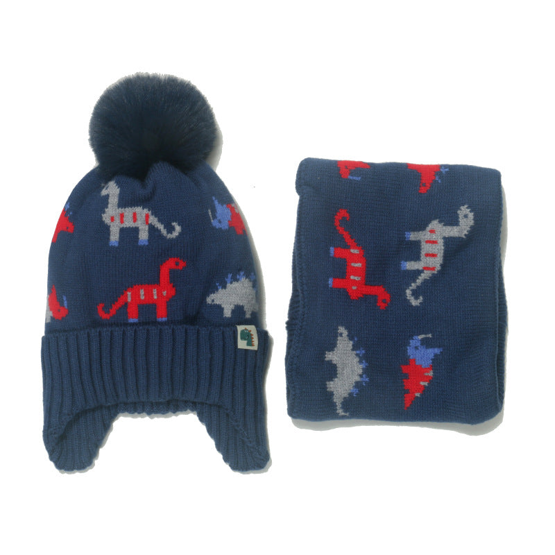 Wholesale Autumn and Winter Children's Dinosaur Plus Velvet Warm Acrylic Scarf and Hat Set of Two