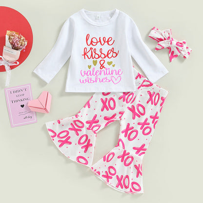 Wholesale Cotton Valentine's Day Long-sleeved Letter Print Tops and Bell-bottom Pants Hair Accessories Three-piece Set