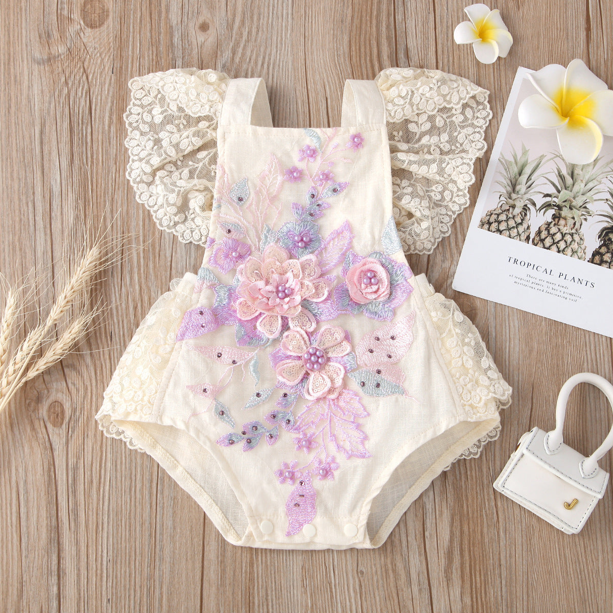 Lace Mesh Flying Sleeves Pearl Triangle Siamese Baby Clothes
