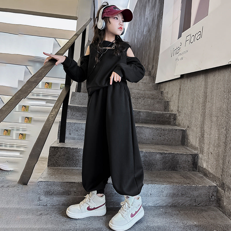 Wholesale Cotton Mid Size Children's Open Shoulder Hoodie Casual Harlan Pants Two-piece Set Trendy