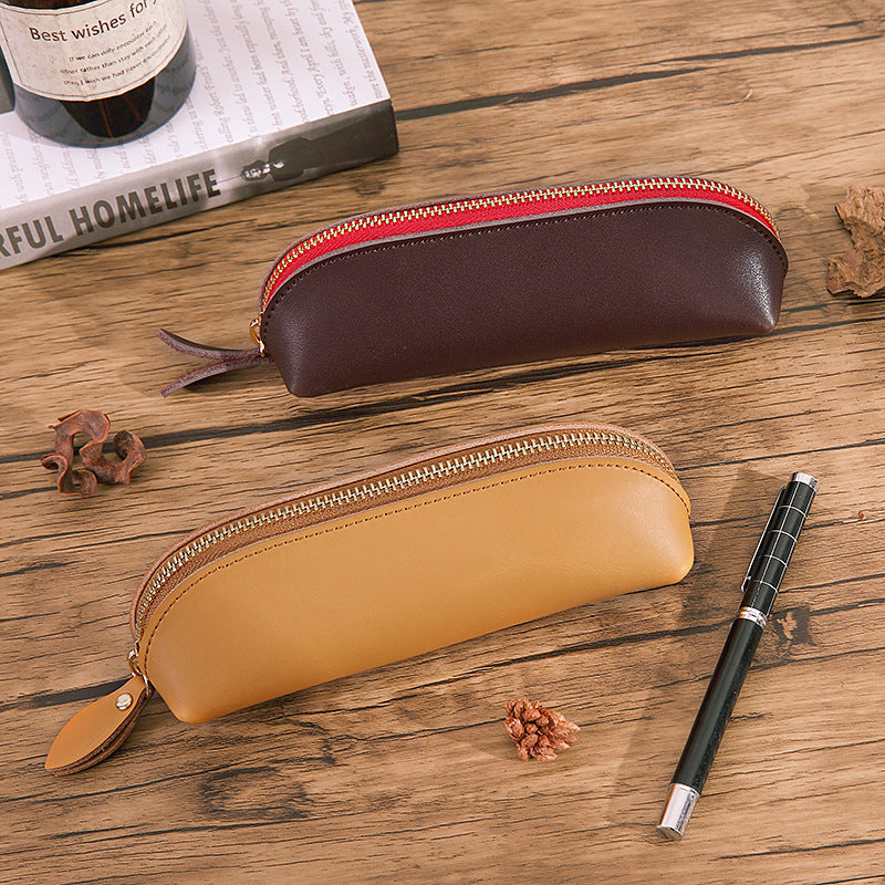 Cowhide Solid Color Zipper Stationery Bag Pencil Case Large Capacity