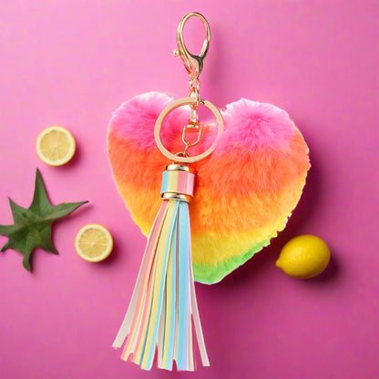 Metal Rainbow Heart Pom Keychain