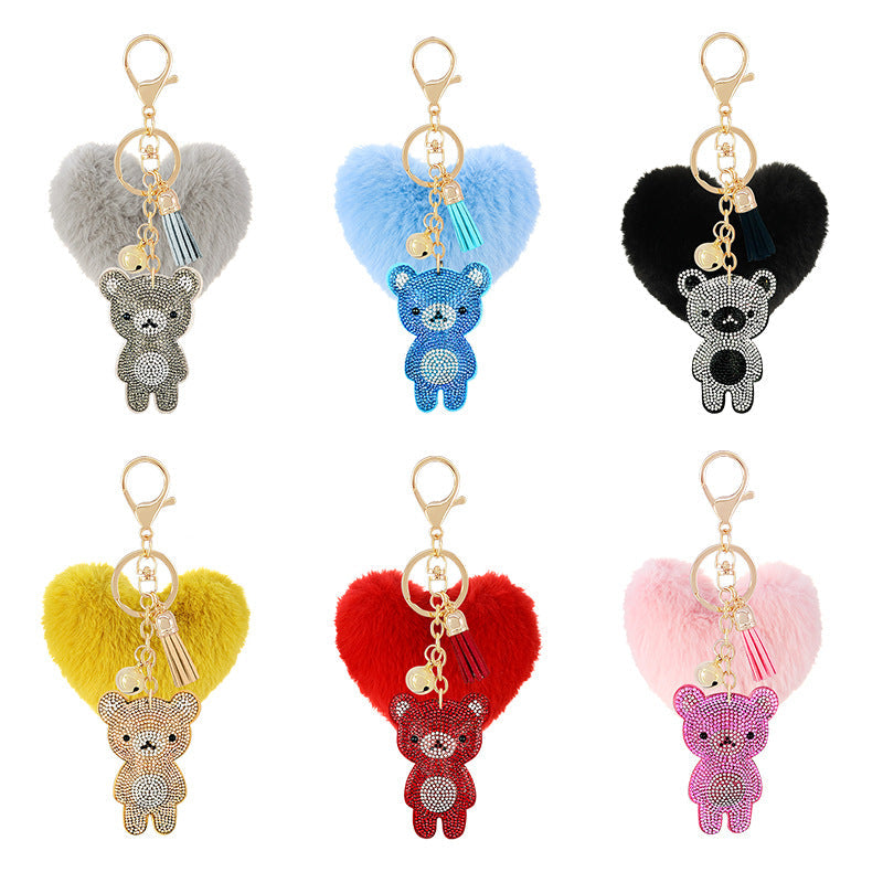 Diamond Velvet Peach Heart Fur Ball Bear Key