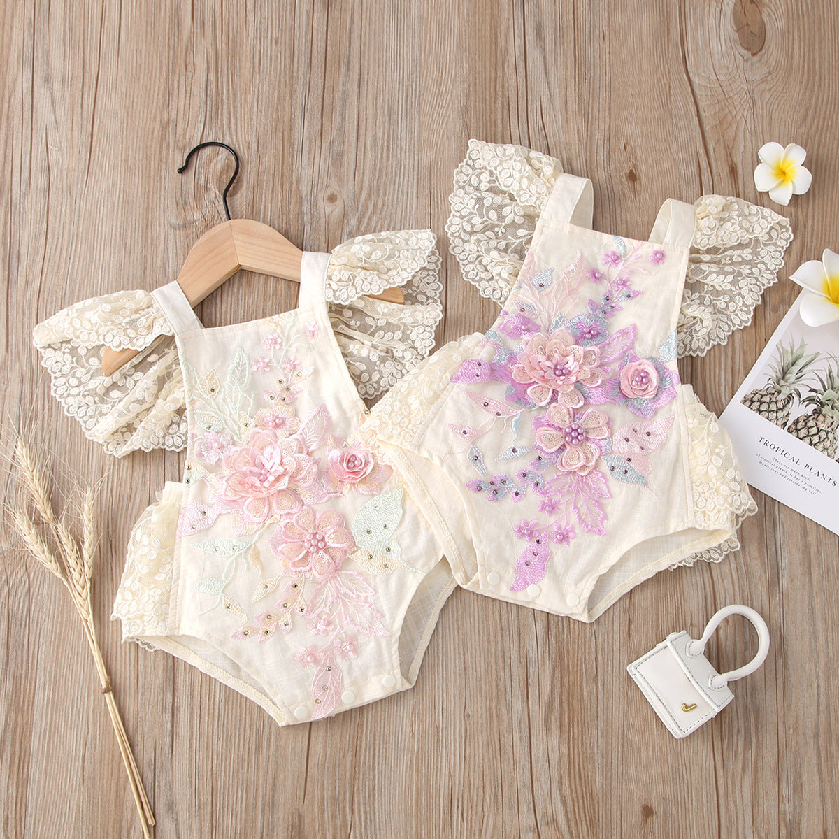Lace Mesh Flying Sleeves Pearl Triangle Siamese Baby Clothes