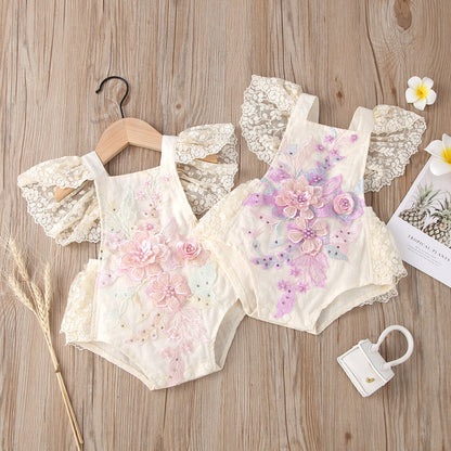 Lace Mesh Flying Sleeves Pearl Triangle Siamese Baby Clothes