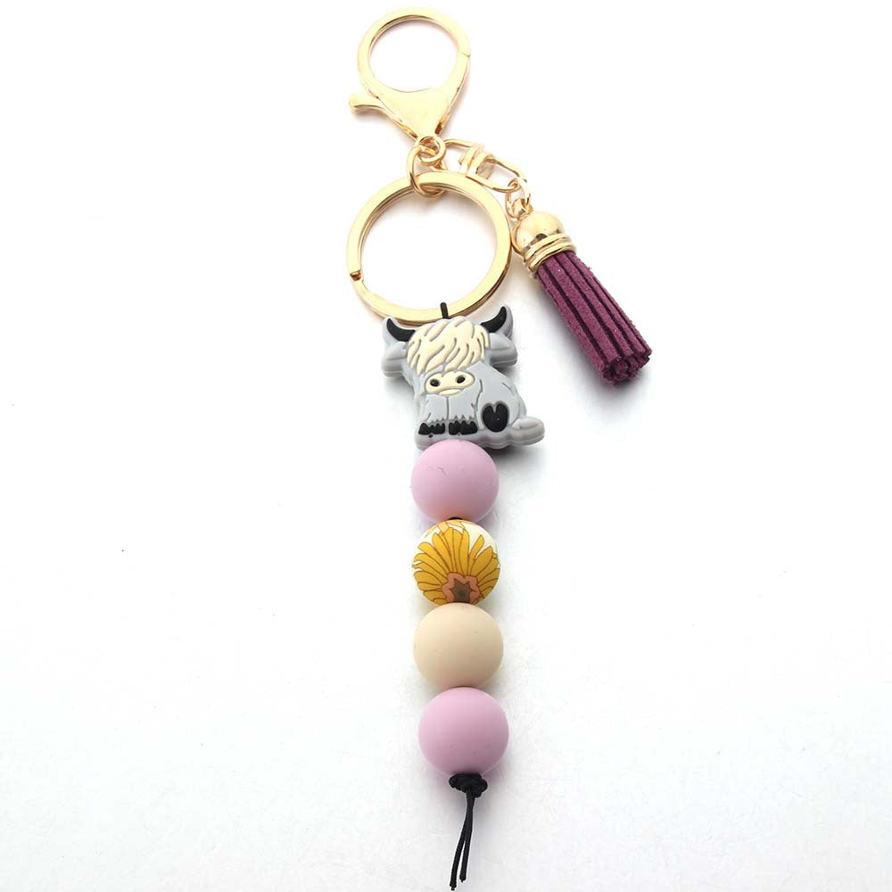 Cartoon West Highland Cow Silicone Beaded Keychain