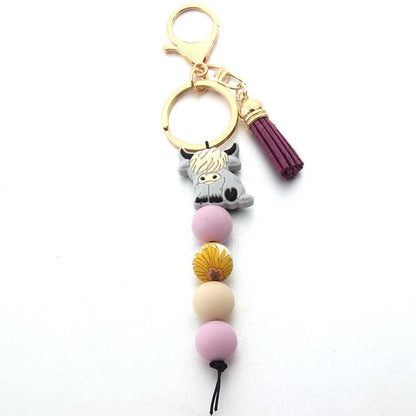Cartoon West Highland Cow Silicone Beaded Keychain