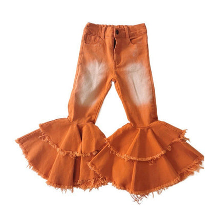 Polyester Slim Fit Kids Girls Jeans Double Layer Flares
