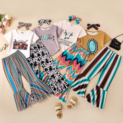 Polyester Tops Flare Pants Two Piece Children's Clothing Set