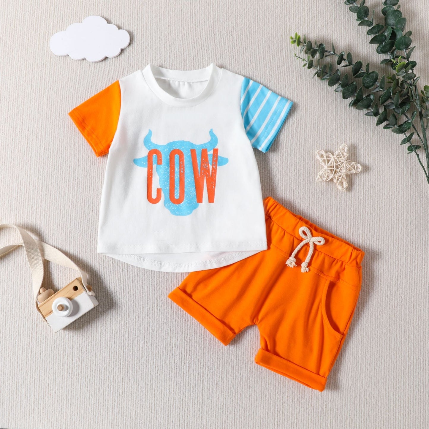 Cotton Western Patchwork Color T-shirt and Shorts Set