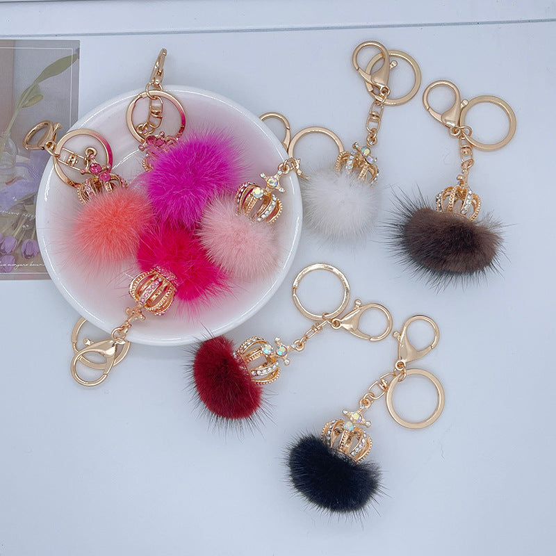 Diamond Studded Mink Fur Ball Crown Keychain