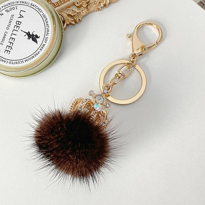 Diamond Studded Mink Fur Ball Crown Keychain
