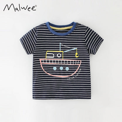 Children's handsome stripe cartoon cotton short sleeve round neck T-shirt
