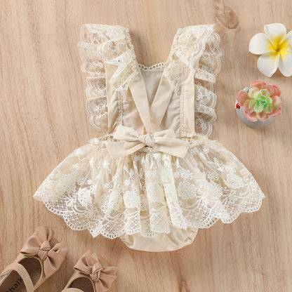 Western Style Lace Flying Sleeve One-Piece Baby Clothes