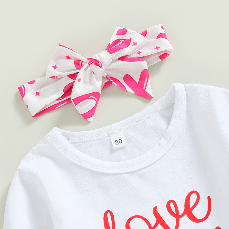 Wholesale Cotton Valentine's Day Long-sleeved Letter Print Tops and Bell-bottom Pants Hair Accessories Three-piece Set