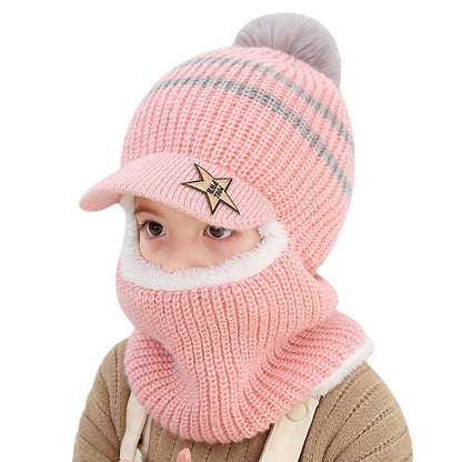 Wholesale Autumn and Winter 5-12 Years Old Middle-aged and Older Children Plus Velvet Scarf Fur Ball Woolen Hat